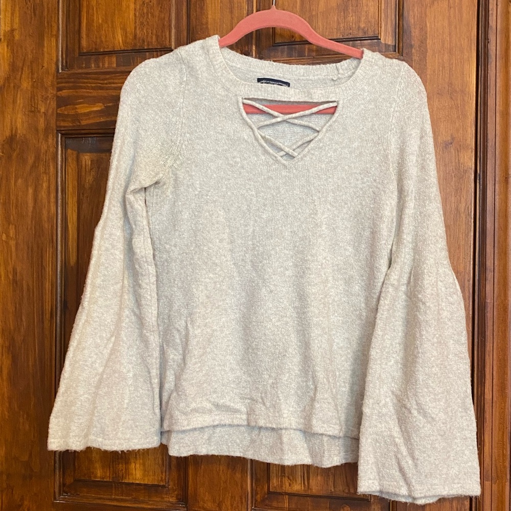 American Eagle Outfitters Cream-Colored Crisscross V-Neck Bell Sleeve Sweater